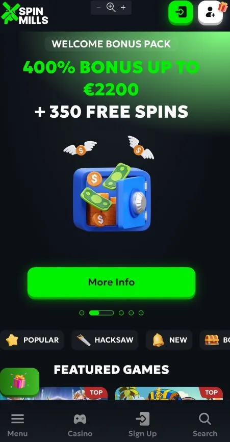 Startscherm van de mobiele versie van de Spinmills