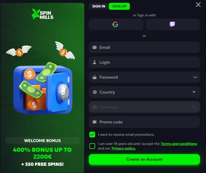 Spinmills online casino registratieformulier